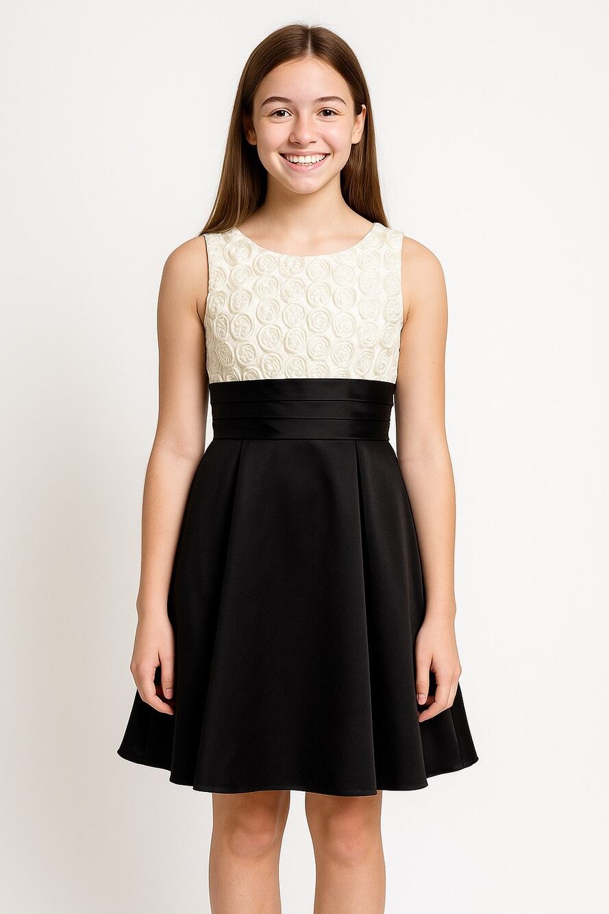 Jayne Copeland Black Satin Party Dress w/ Ivory Rosette Top Girls Size 14